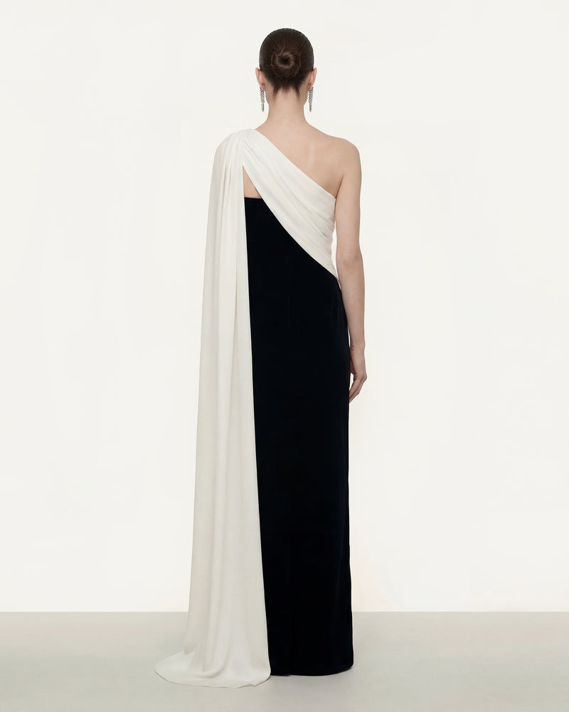 One Shoulder Draped Maxi Dress - Black White