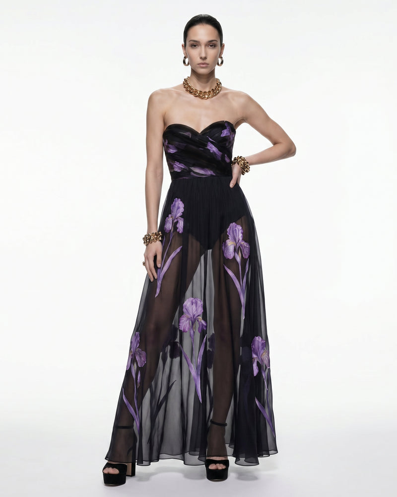 Iris Print Sheer Overlay Strapless Maxi Dress - Black/Purple