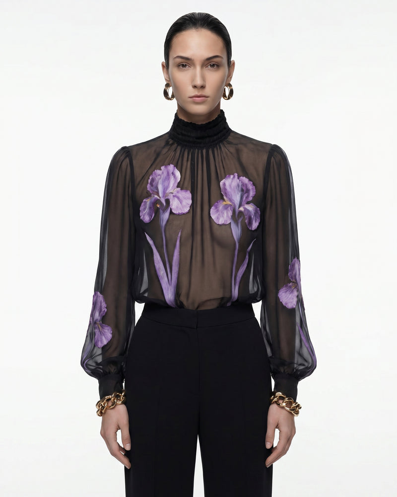 Iris Print Sheer High Neck Blouse - Black/Purple