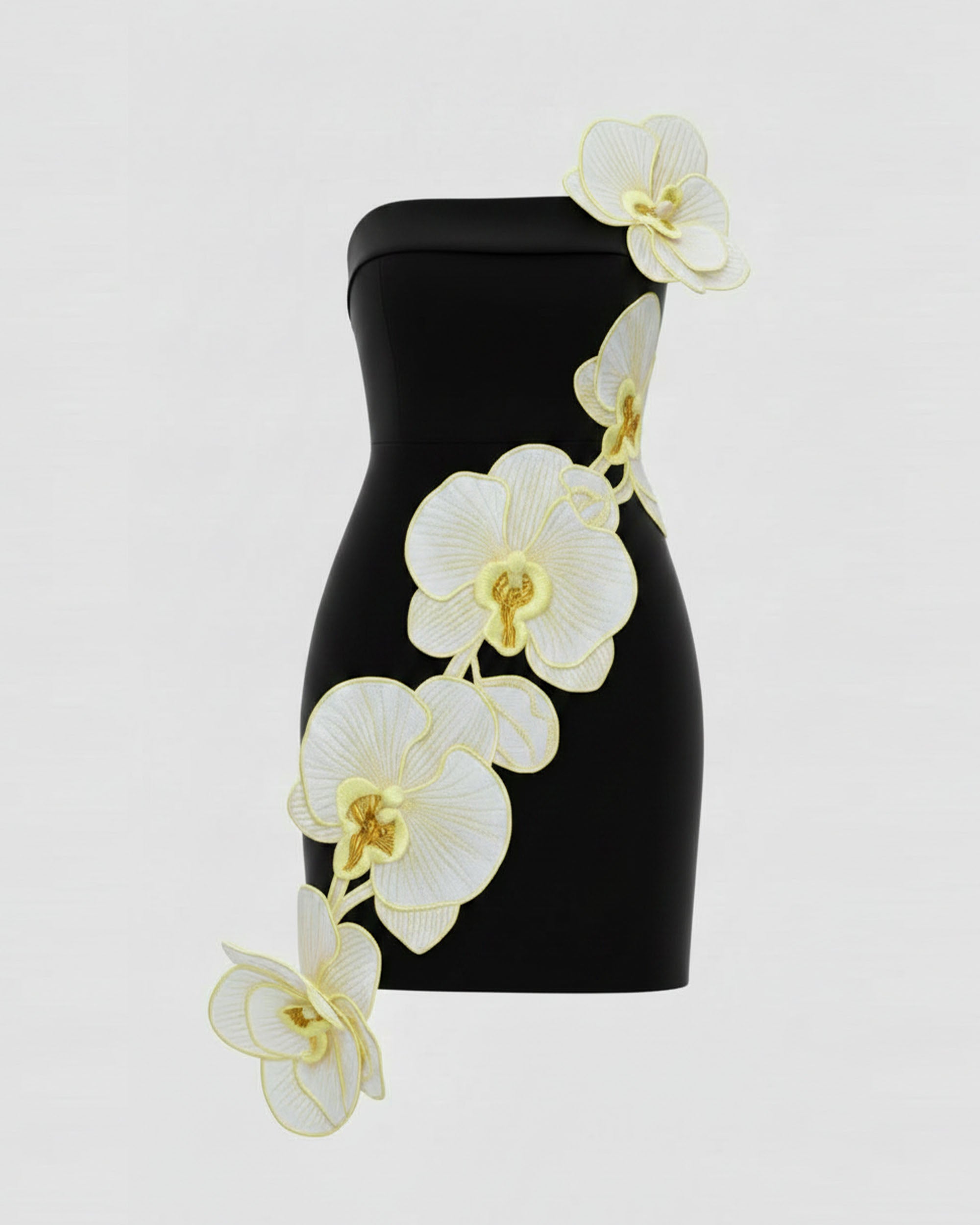 Orchid Embroidered Floral Appliqué Strapless Mini Dress - Black Yellow