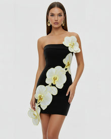 Orchid Embroidered Floral Appliqué Strapless Mini Dress - Black Yellow