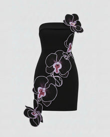 Orchid Embroidered Floral Appliqué Strapless Mini Dress - Black Purple