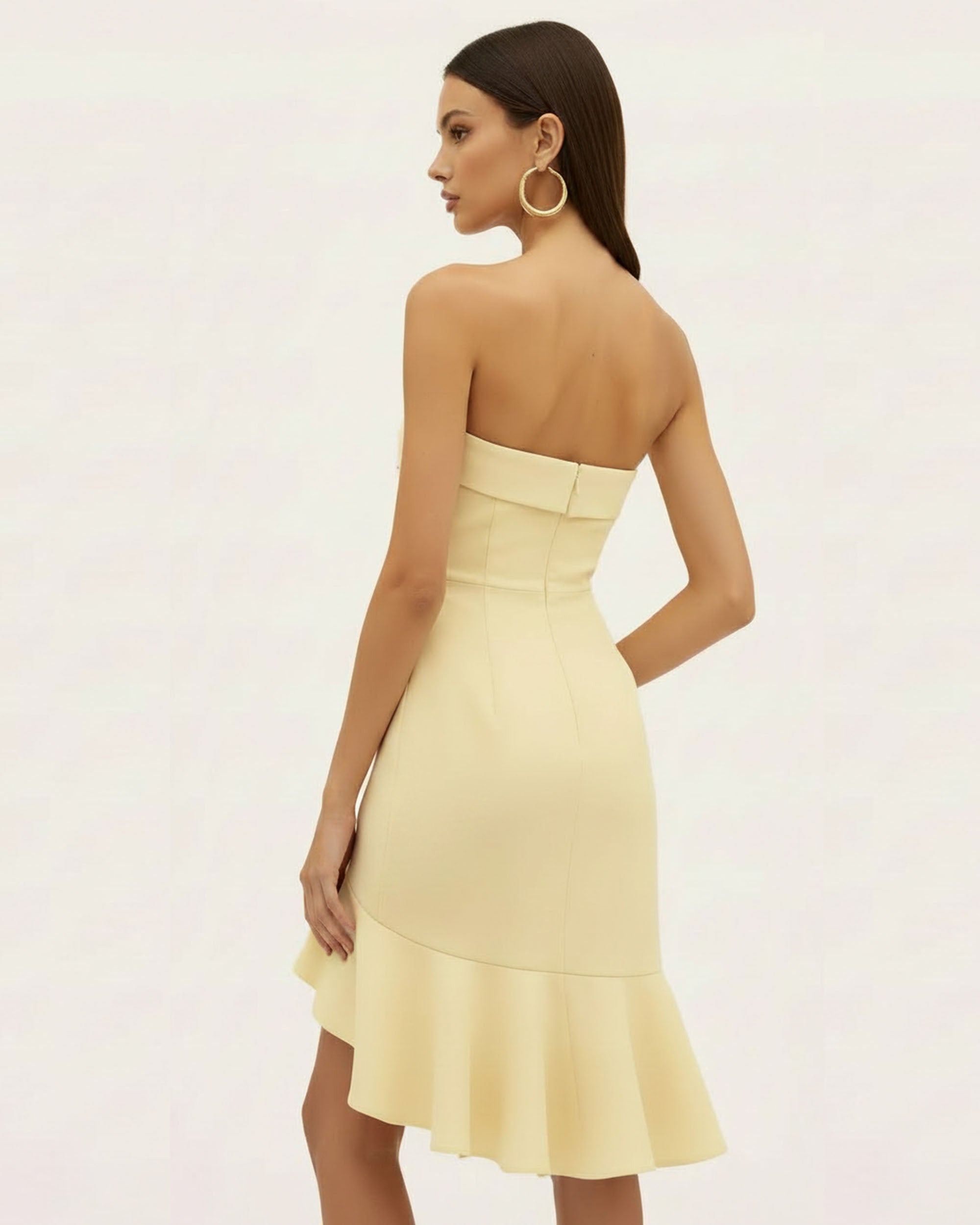 Orchid Embroidered Asymmetrical Strapless Midi Dress - Pale Yellow | JW PEI