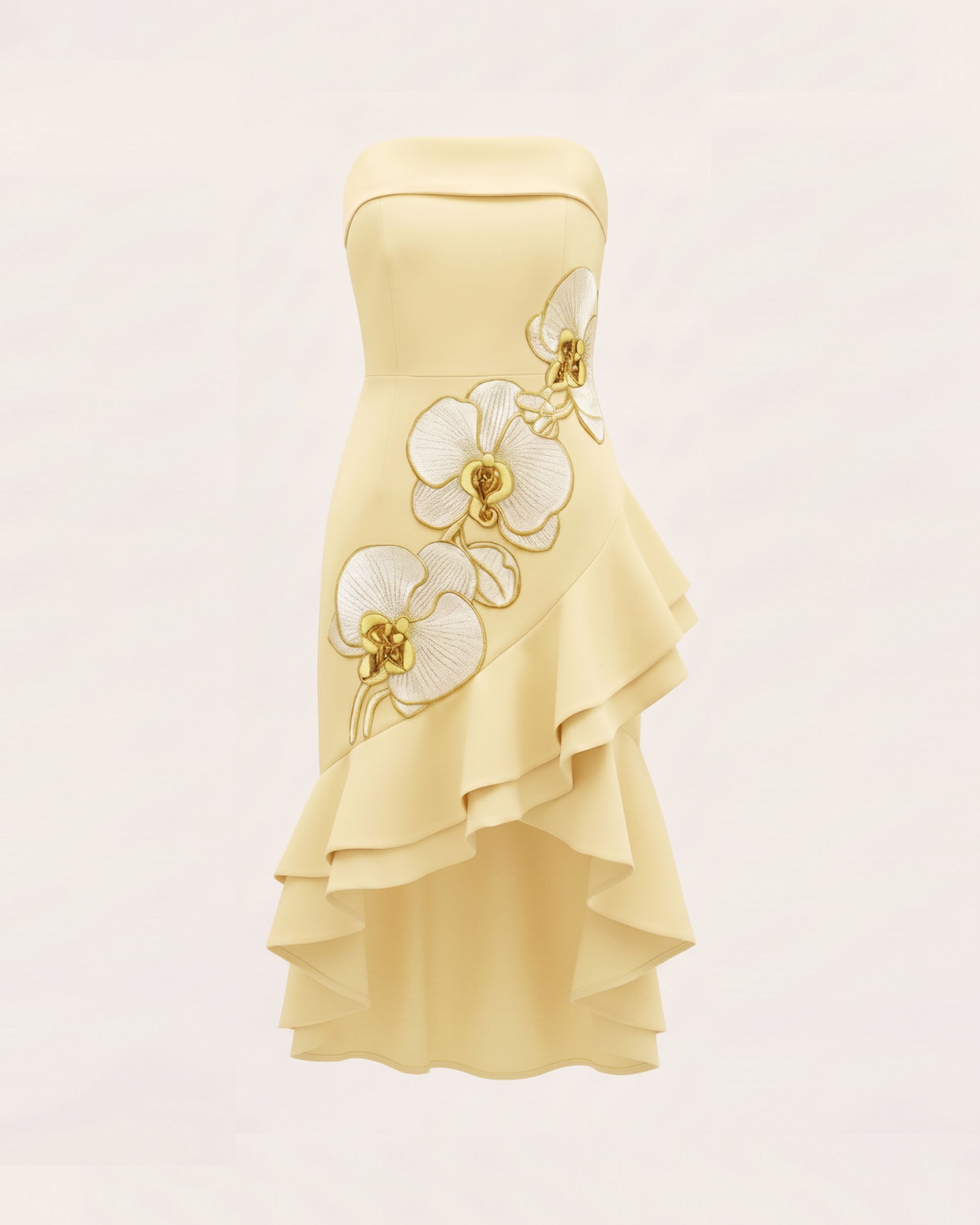Orchid Embroidered Asymmetrical Strapless Midi Dress - Pale Yellow