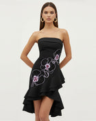 Orchid Embroidered Asymmetrical Strapless Midi Dress - Black Purple