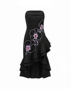 Orchid Embroidered Asymmetrical Strapless Midi Dress - Black Purple