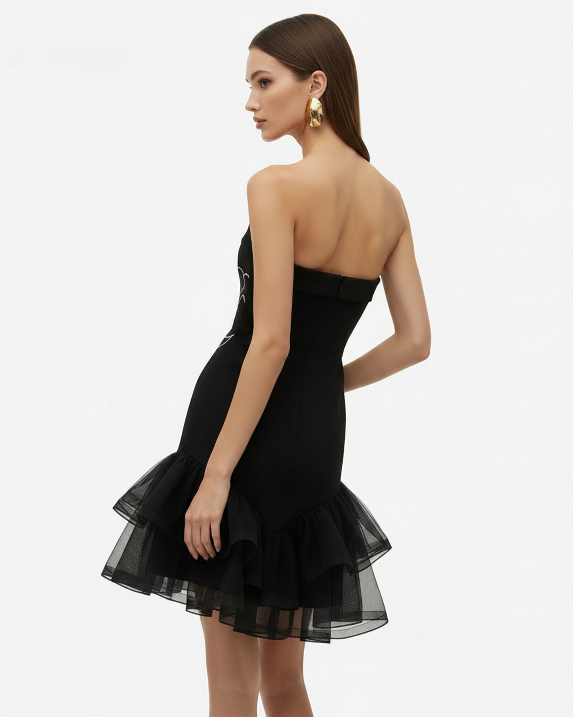 Orchid Embroidered Tulle Hem Strapless Mini Dress - Black Purple