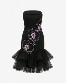 Orchid Embroidered Tulle Hem Strapless Mini Dress - Black Purple