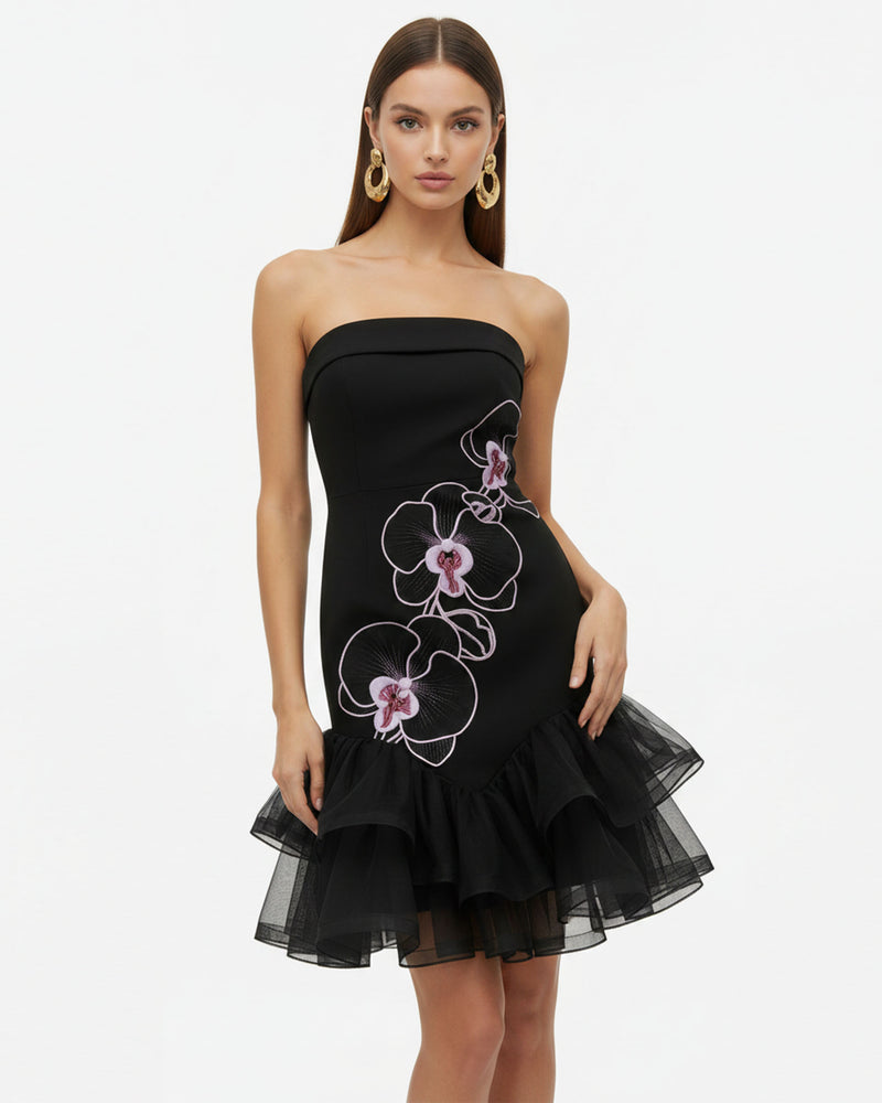 Orchid Embroidered Tulle Hem Strapless Mini Dress - Black Purple