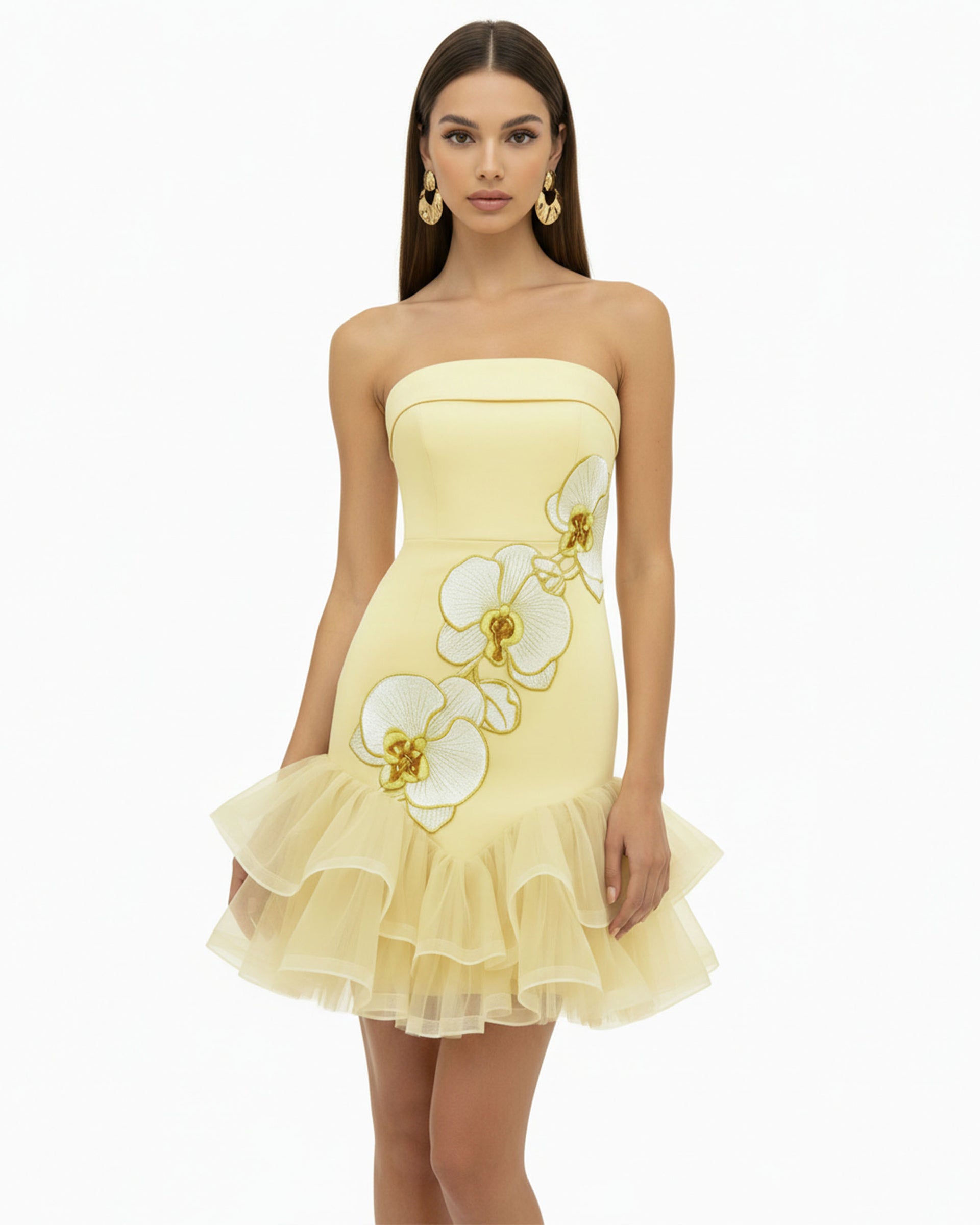 Orchid Embroidered Tulle Hem Strapless Mini Dress - Pale Yellow