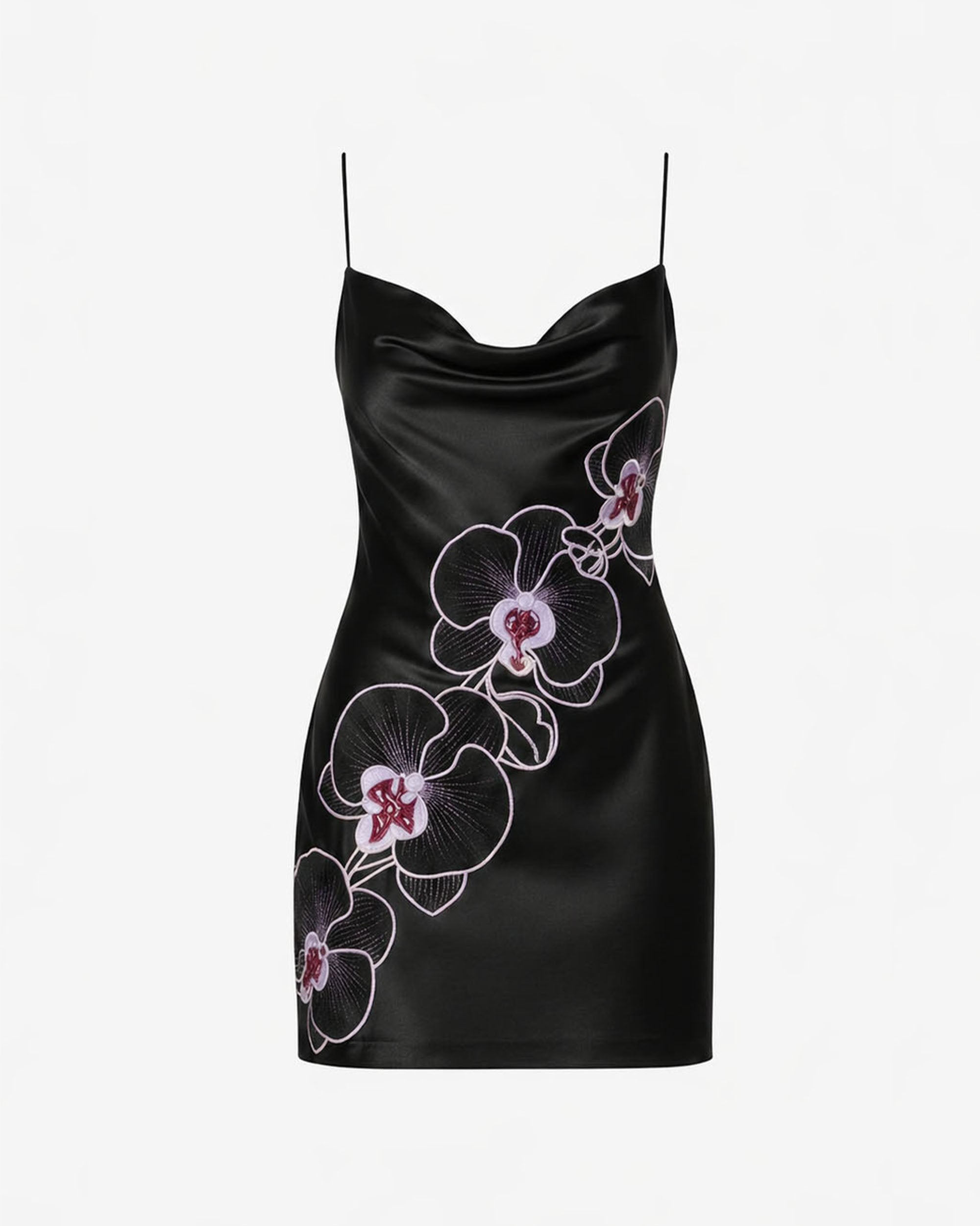 Orchid Embroidered Cowl Neck Slip Mini Dress - Black Purple