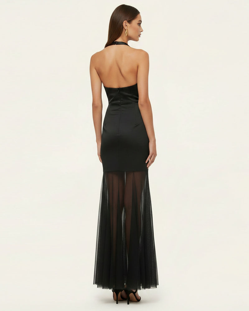 Orchid Embroidered Sheer Hem Halter Maxi Dress-  Black Purple