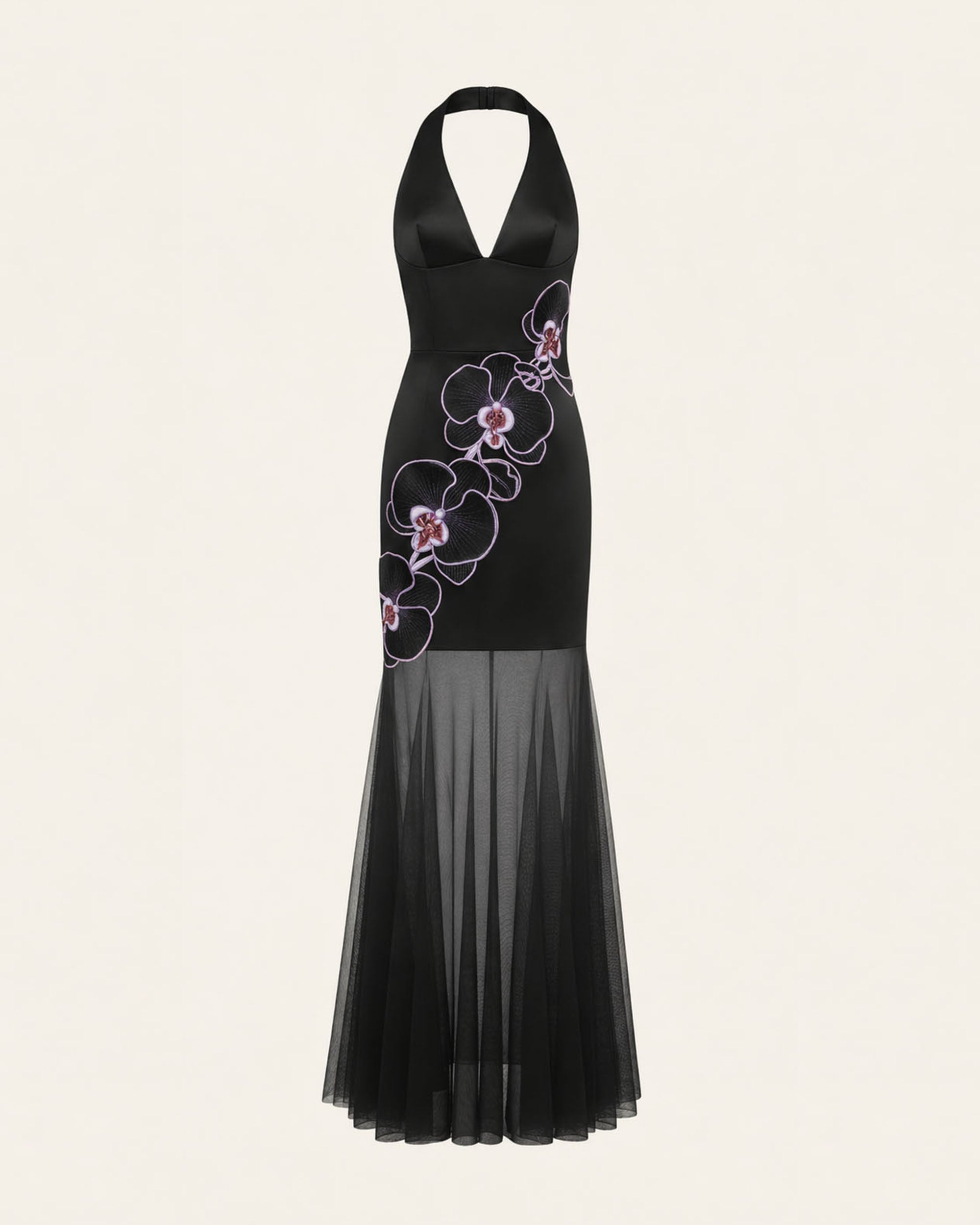 Orchid Embroidered Sheer Hem Halter Maxi Dress-  Black Purple