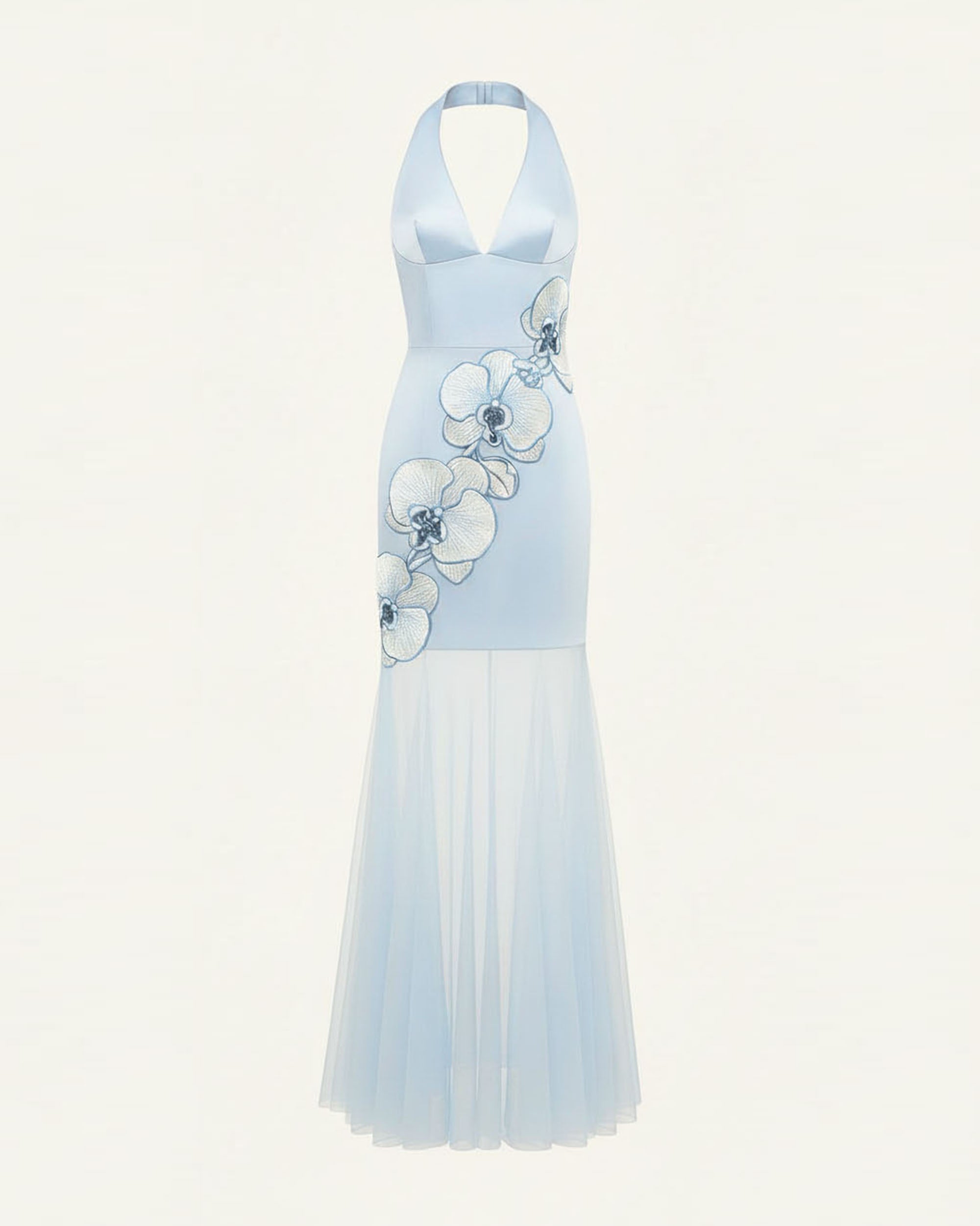 Orchid Embroidered Sheer Hem Halter Maxi Dress - Light Blue 6