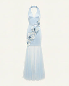 Orchid Embroidered Sheer Hem Halter Maxi Dress - Light Blue 6