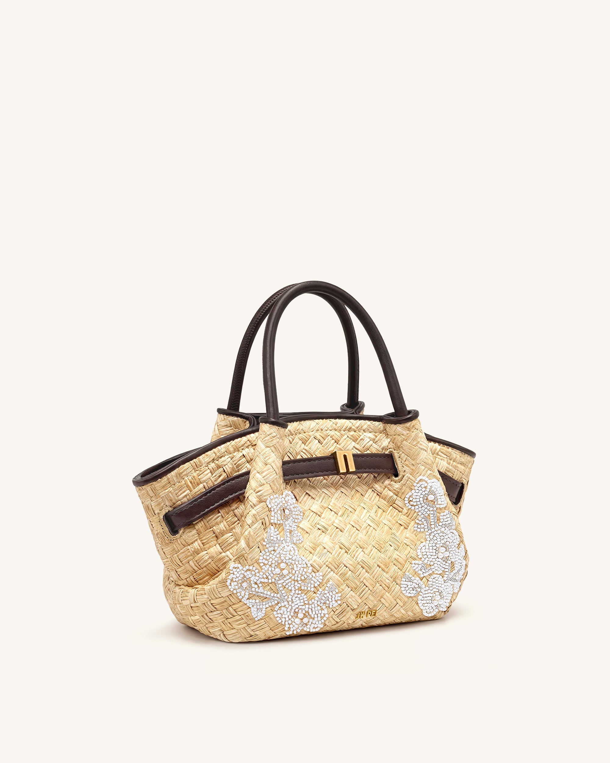 Hana Mini Faux Straw Beading Tote Bag - Brown | JW PEI