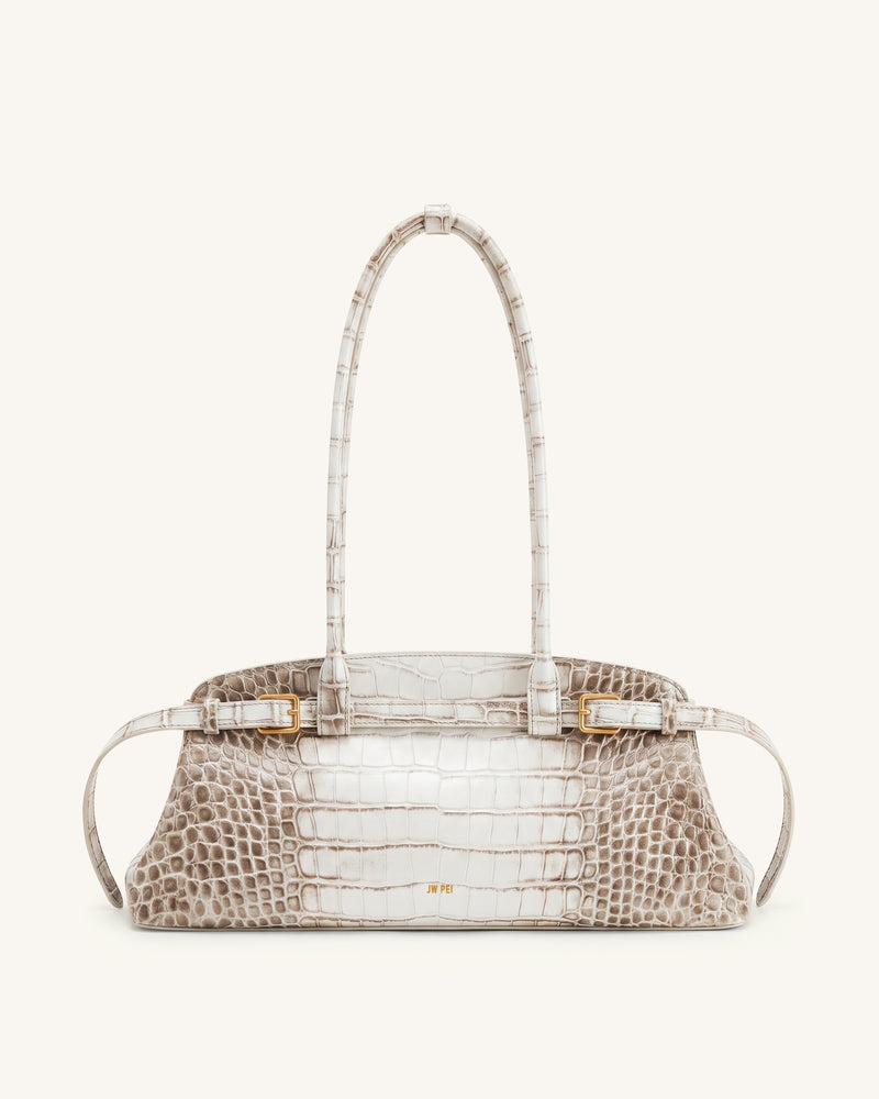 Arden Belt Detail East-West Shoulder Bag - Ivory Croc