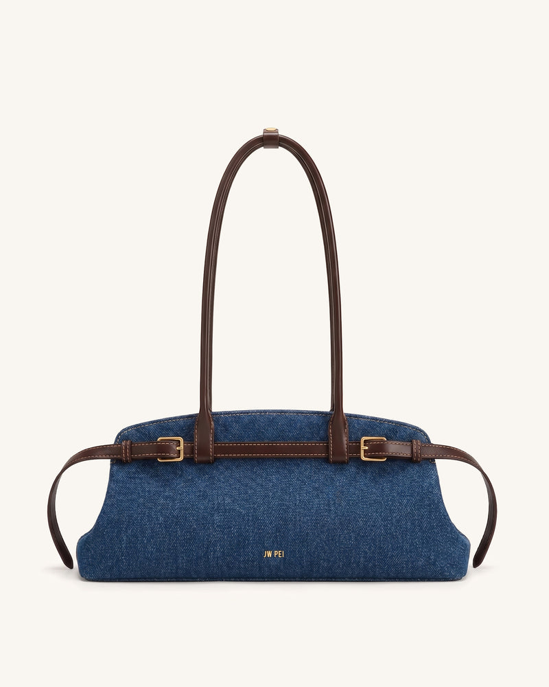 Arden Belt Detail East-West Shoulder Bag - Blue Denim