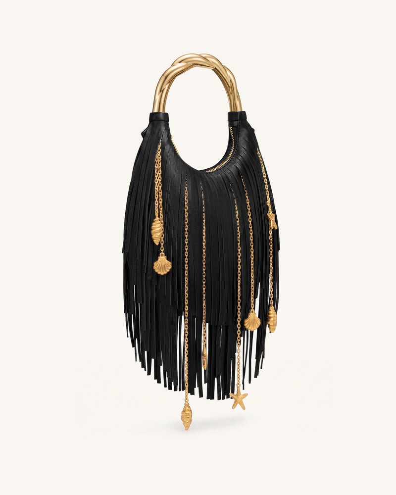 Chloe Metal Handle Fringe Top Handbag - Black