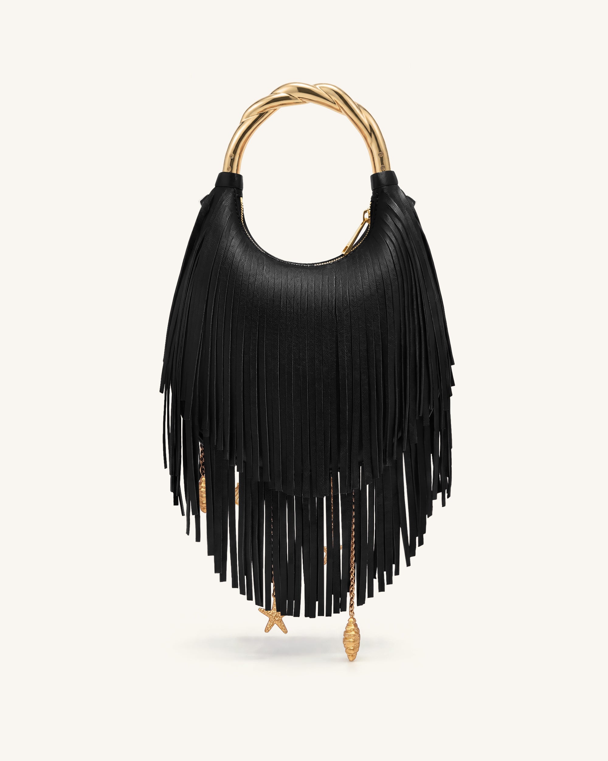 Chloe Metal Handle Fringe Top Handbag - Black | JW PEI