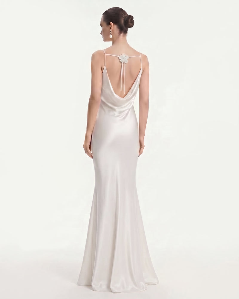Floral Appliqué Cowl Back Long Dress - White