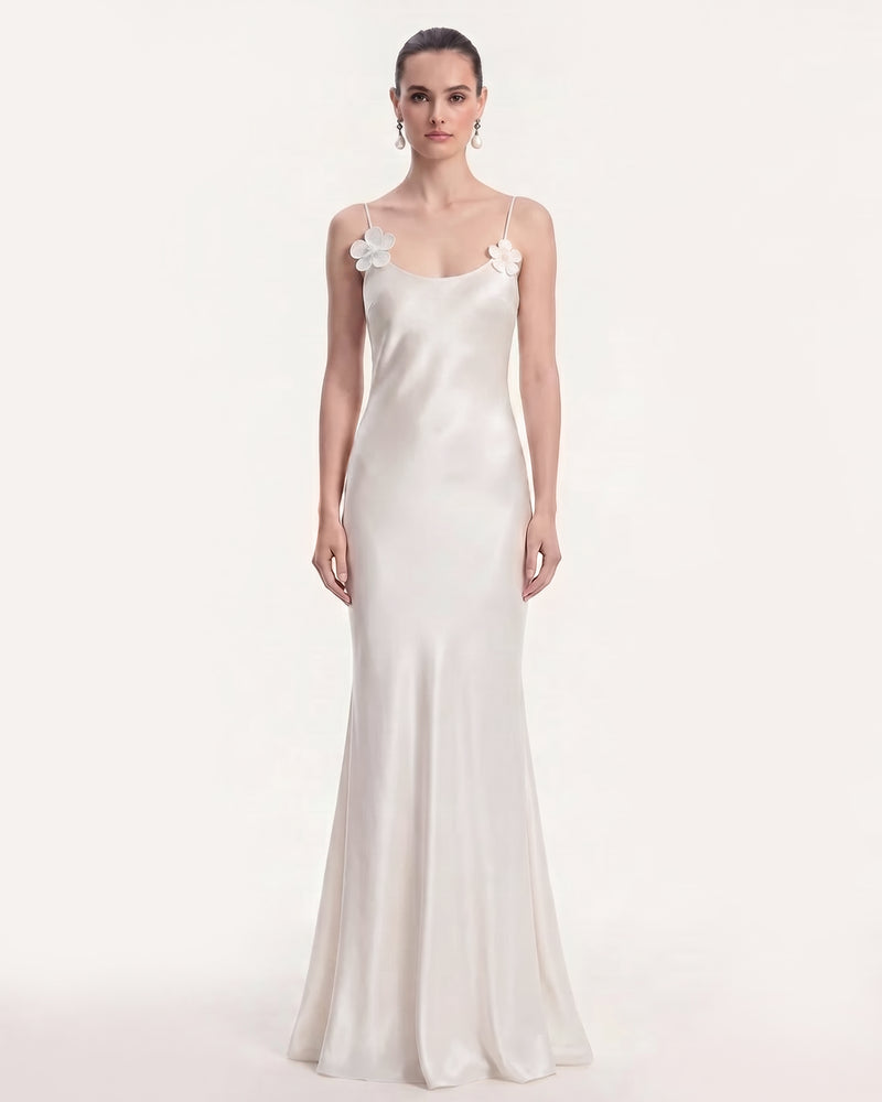 Floral Appliqué Cowl Back Long Dress - White
