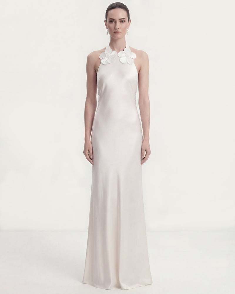 Floral Appliqué Halter Open Back Long Dress - White