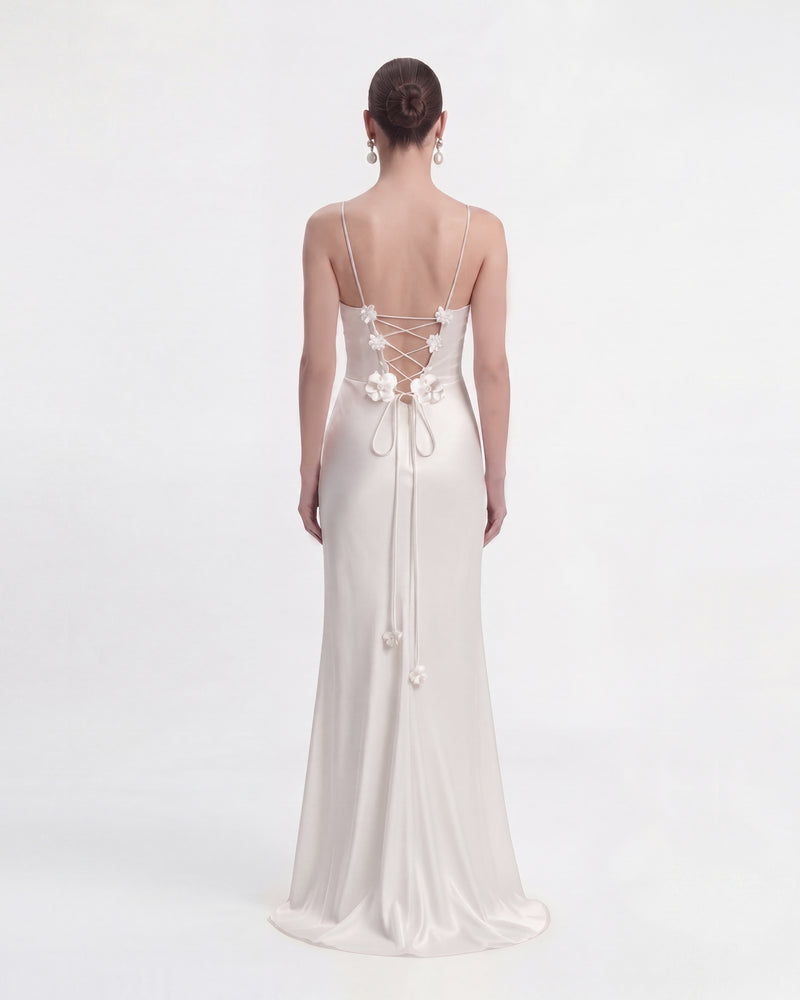 Floral Appliqué Lace-Up Back Long Dress - White