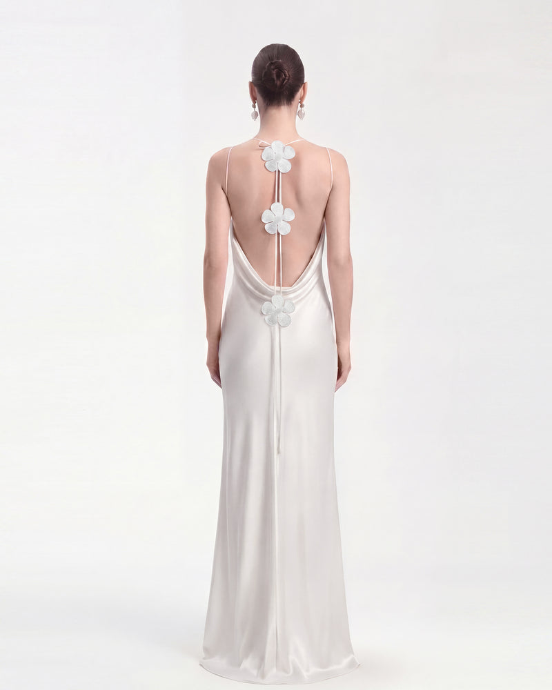 Floral Appliqué Asymmetric Slip Maxi Dress - White