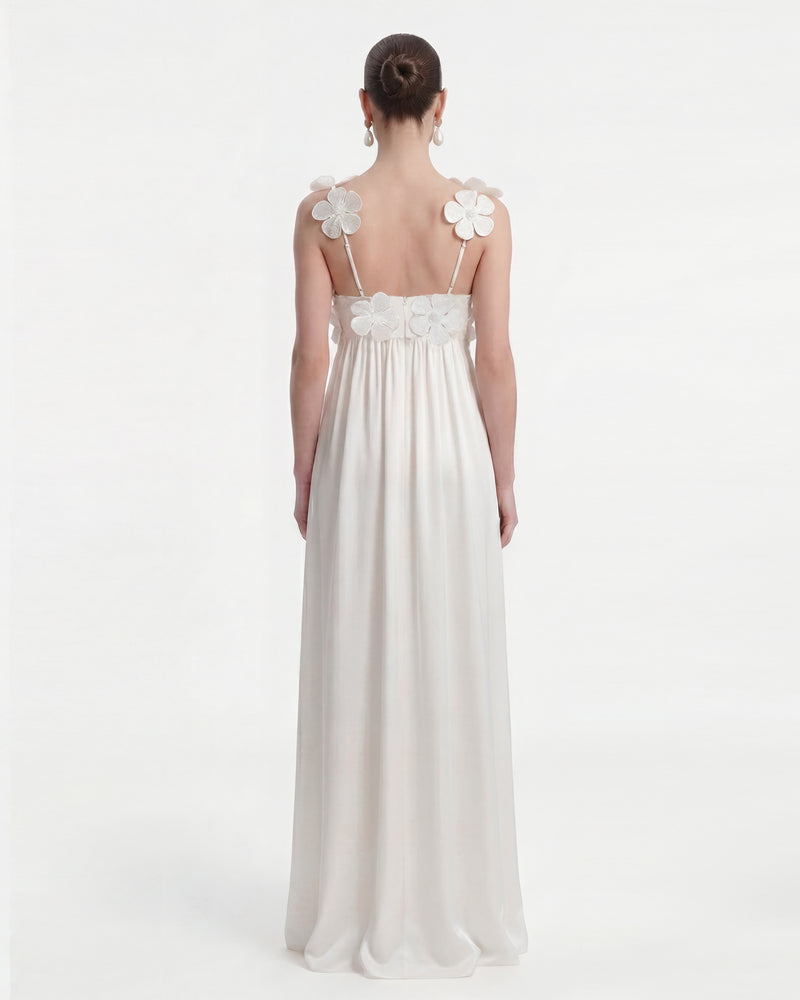 Floral Appliqué Empire Waist Maxi Dress - White