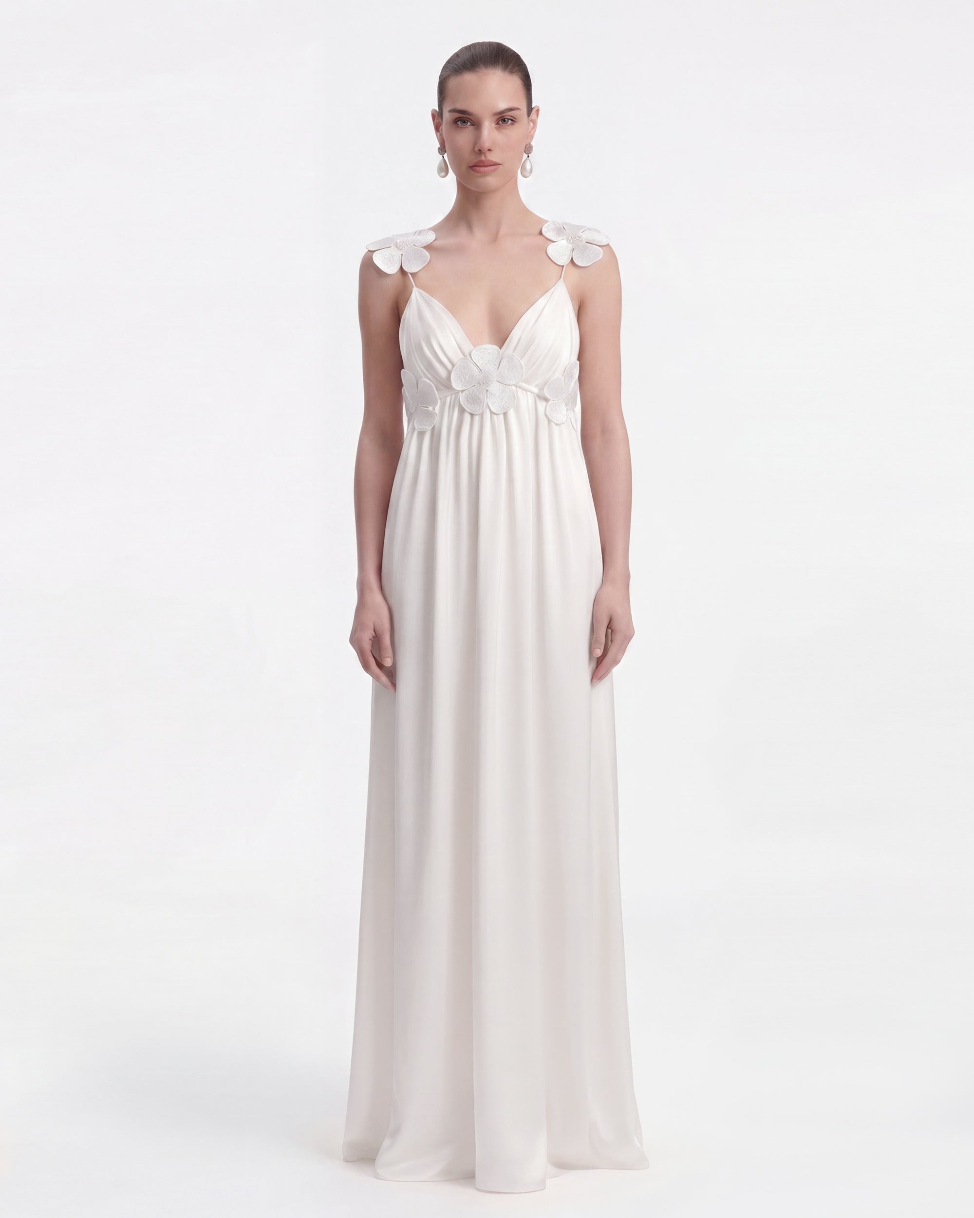 Floral Appliqué Empire Waist Maxi Dress - White