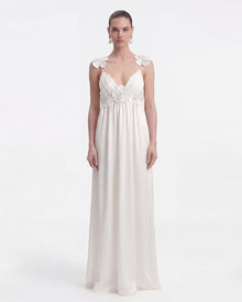 knee length dresses for ladies Floral Appliqué Empire Waist Maxi Dress - White