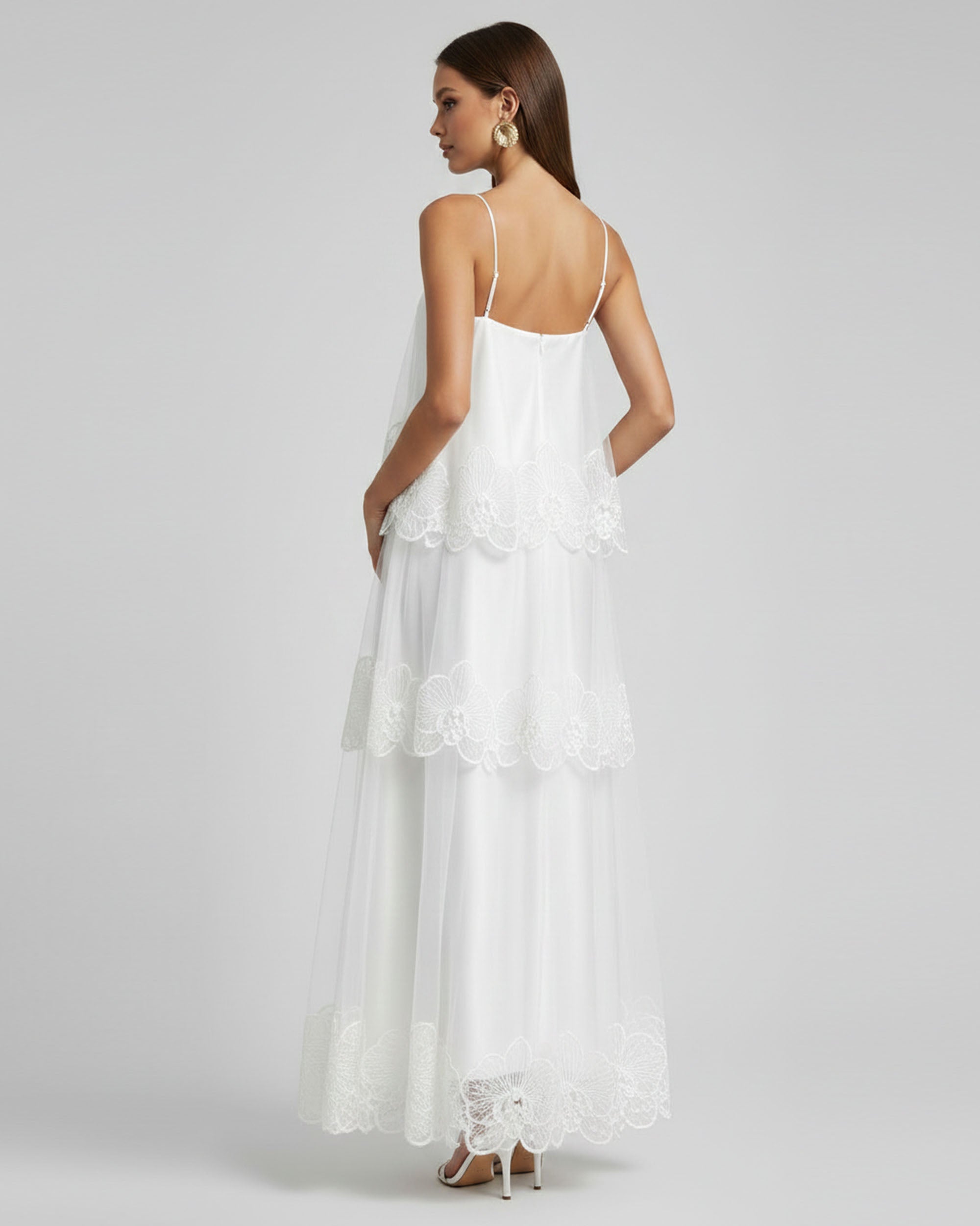 Orchid Embroidered Tiered Tulle Maxi Dress - White | JW PEI