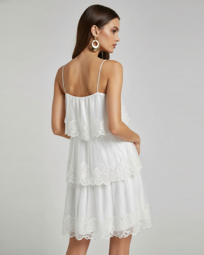 Orchid Embroidered Tiered Tulle Midi Dress - White