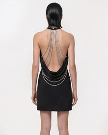 Crystal Chain Backless Halter Mini Dress - Black