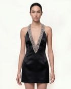 Plunge Beaded Halter Mini Dress - Black