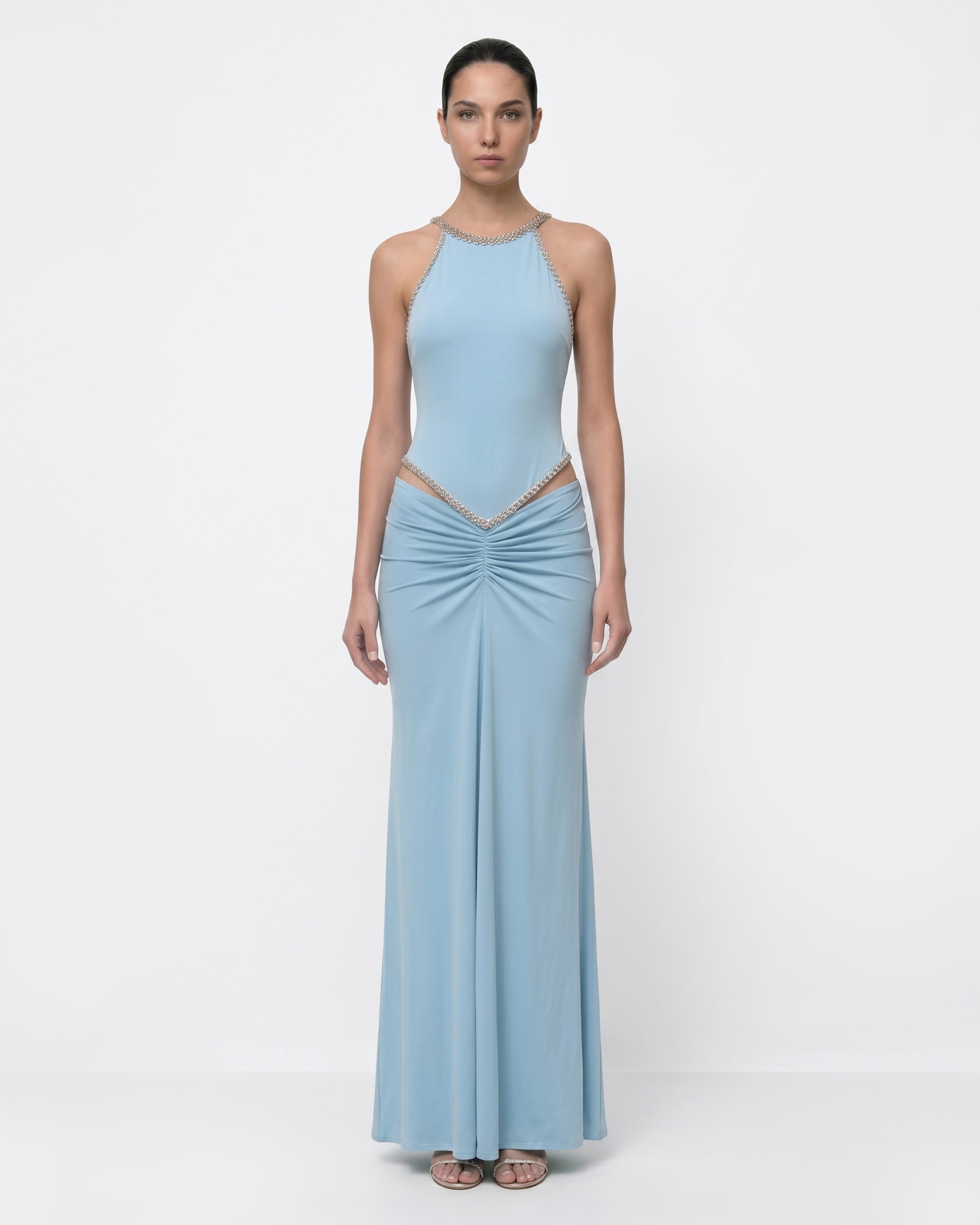 Crystal Trim Cutout Halter Ruched Maxi Dress - Blue