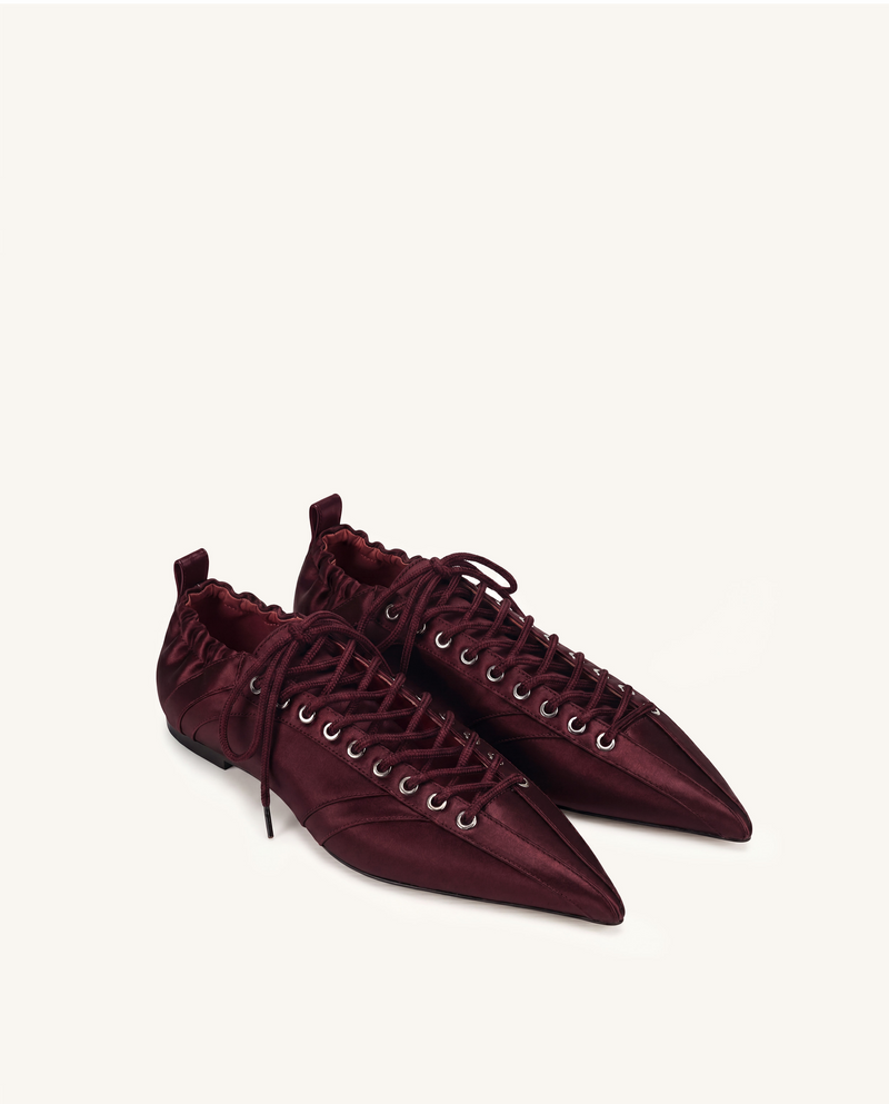 Ava Lace-Up Satin Flats - Burgundy
