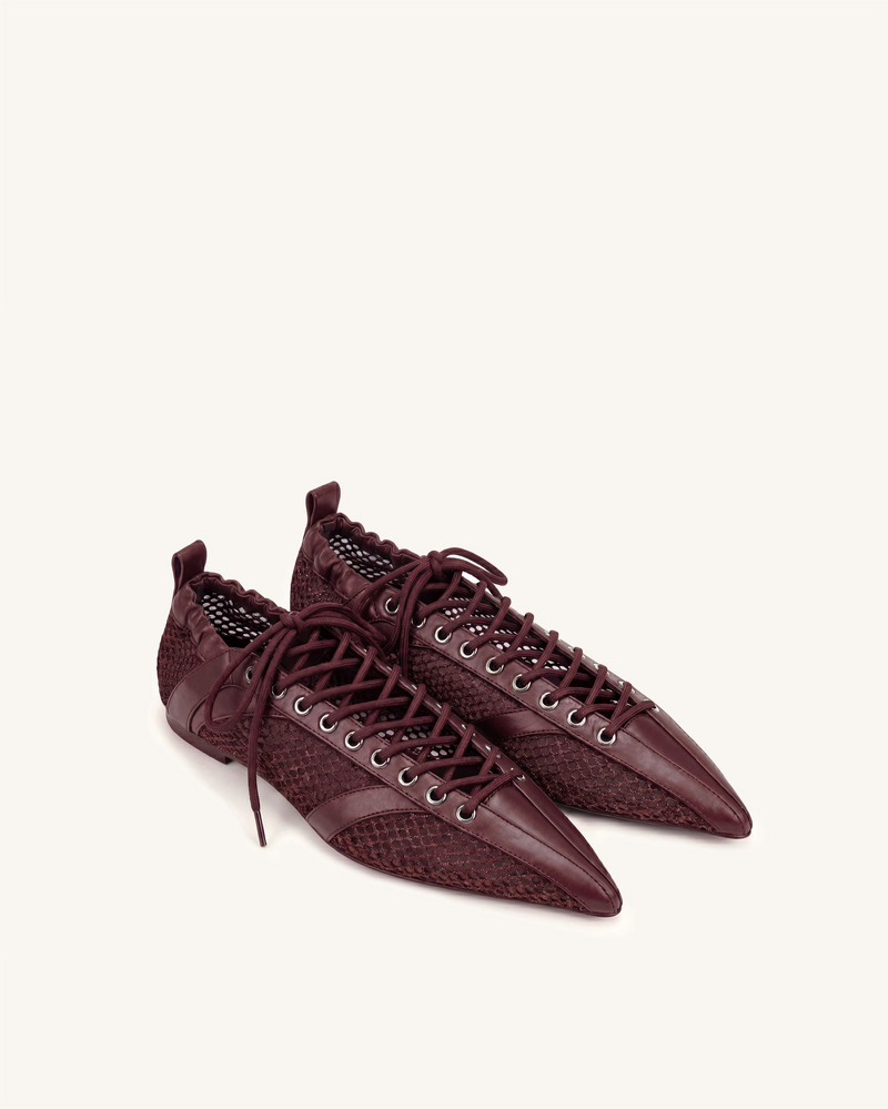 Ava Lace-Up Mesh Flats - Burgundy