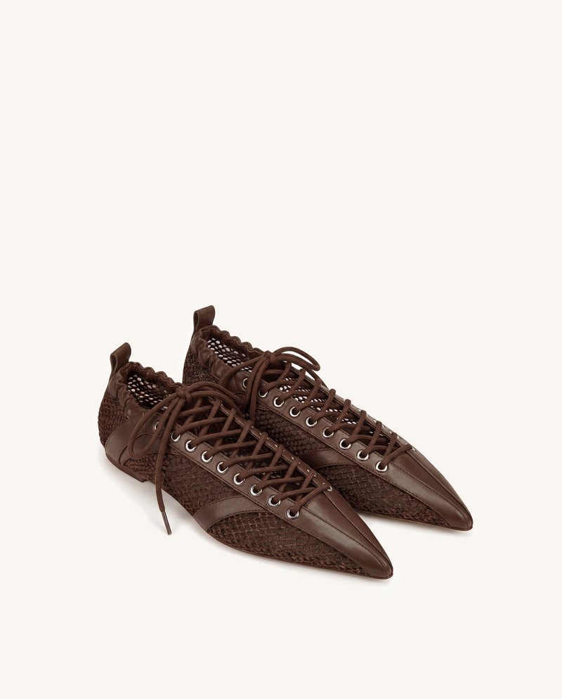 Ava Lace-Up Mesh Flats - Brown
