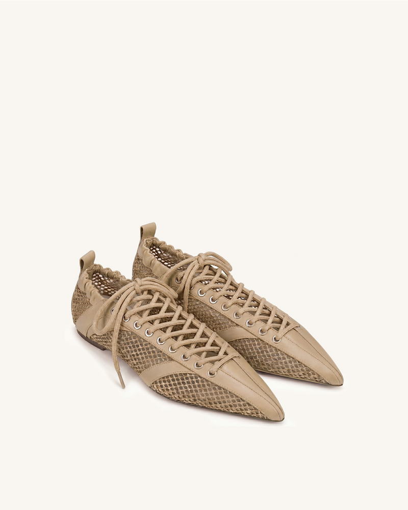 Ava Lace-Up Mesh Flats - Khaki