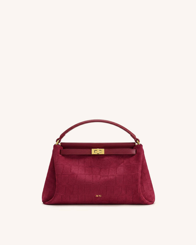 Carmen Faux Suede Croc-Embossed Top Handle Bag - Dark Burgundy