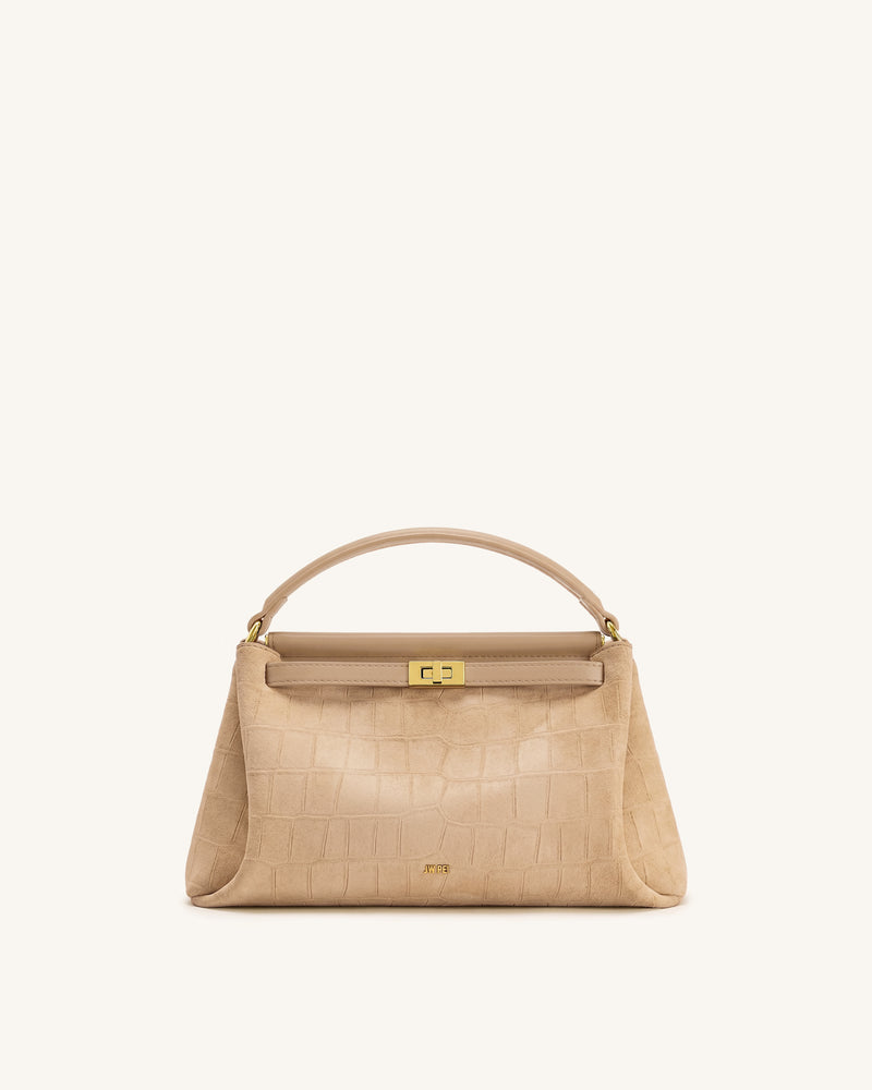 Carmen Faux Suede Croc-Embossed Top Handle Bag - Light Khaki