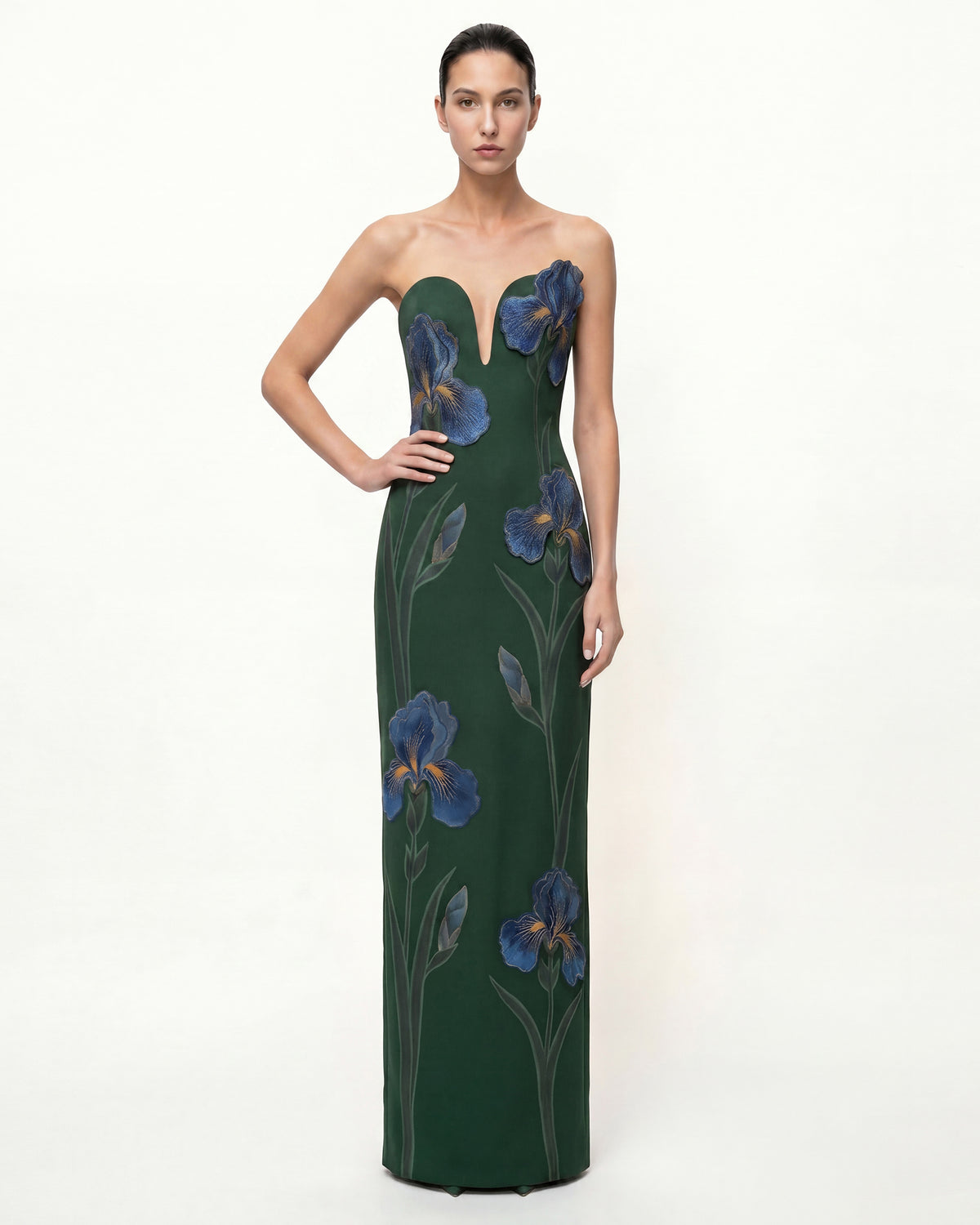 Iris Embroidered Notch Neck Strapless Maxi Dress - Emerald Green 2