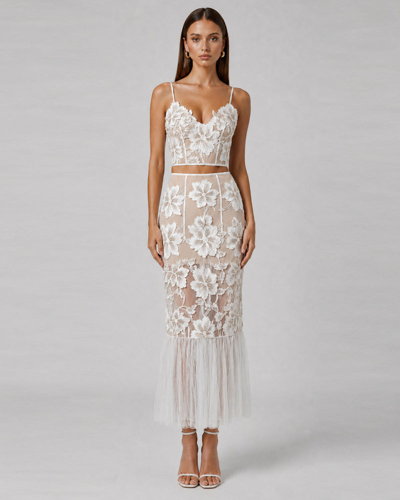 Floral Appliqué Sheer 
Corset Top - White