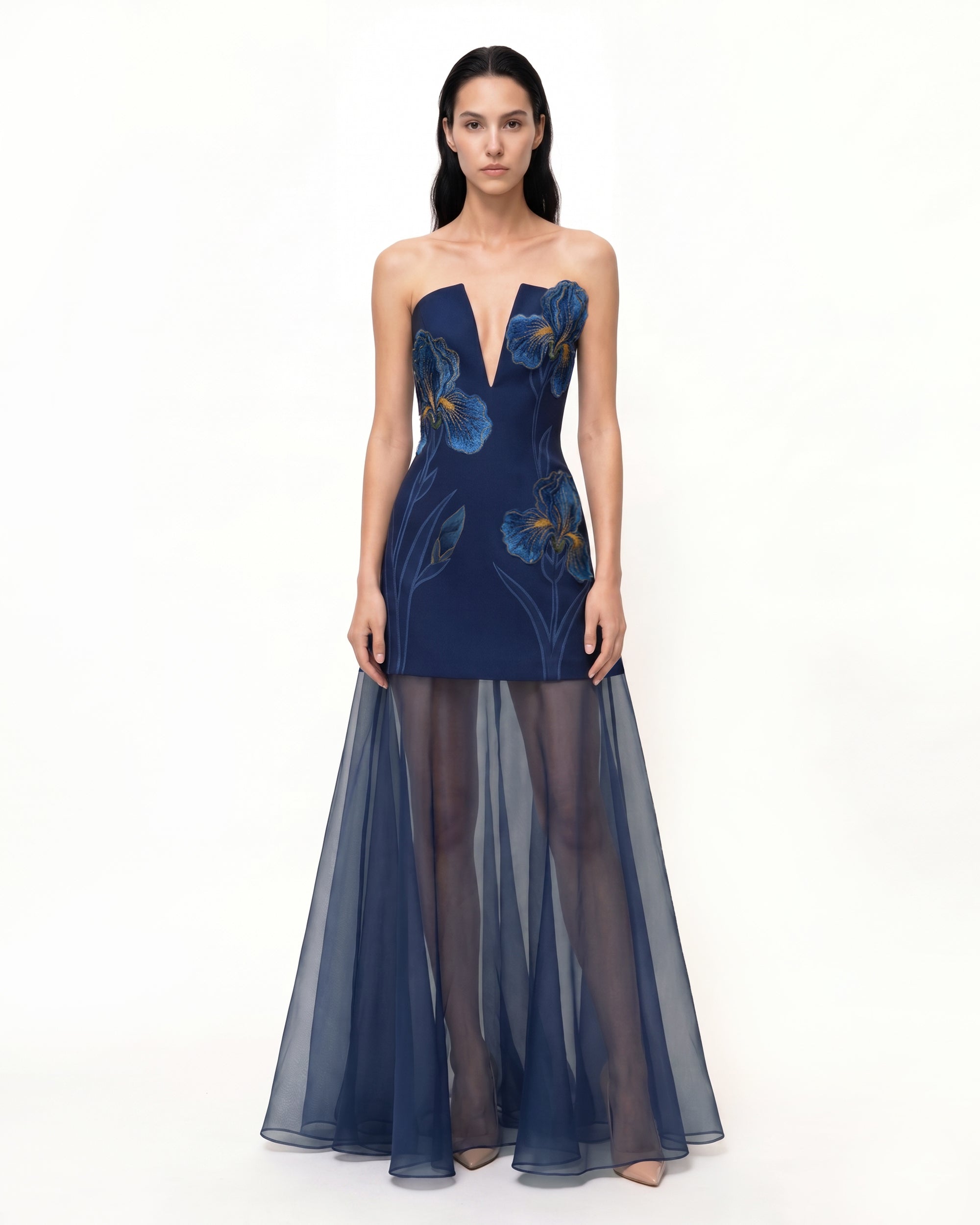 Iris Embroidered Plunge Sheer Overlay Maxi Dress - Navy Blue | JW PEI Iris Embroidered Plunge Sheer Overlay Maxi Dress - Navy Blue | JW PEI