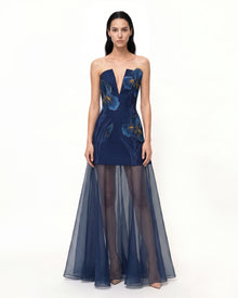 sheer dress overlay Iris Embroidered Plunge Sheer Overlay Maxi Dress - Navy Blue