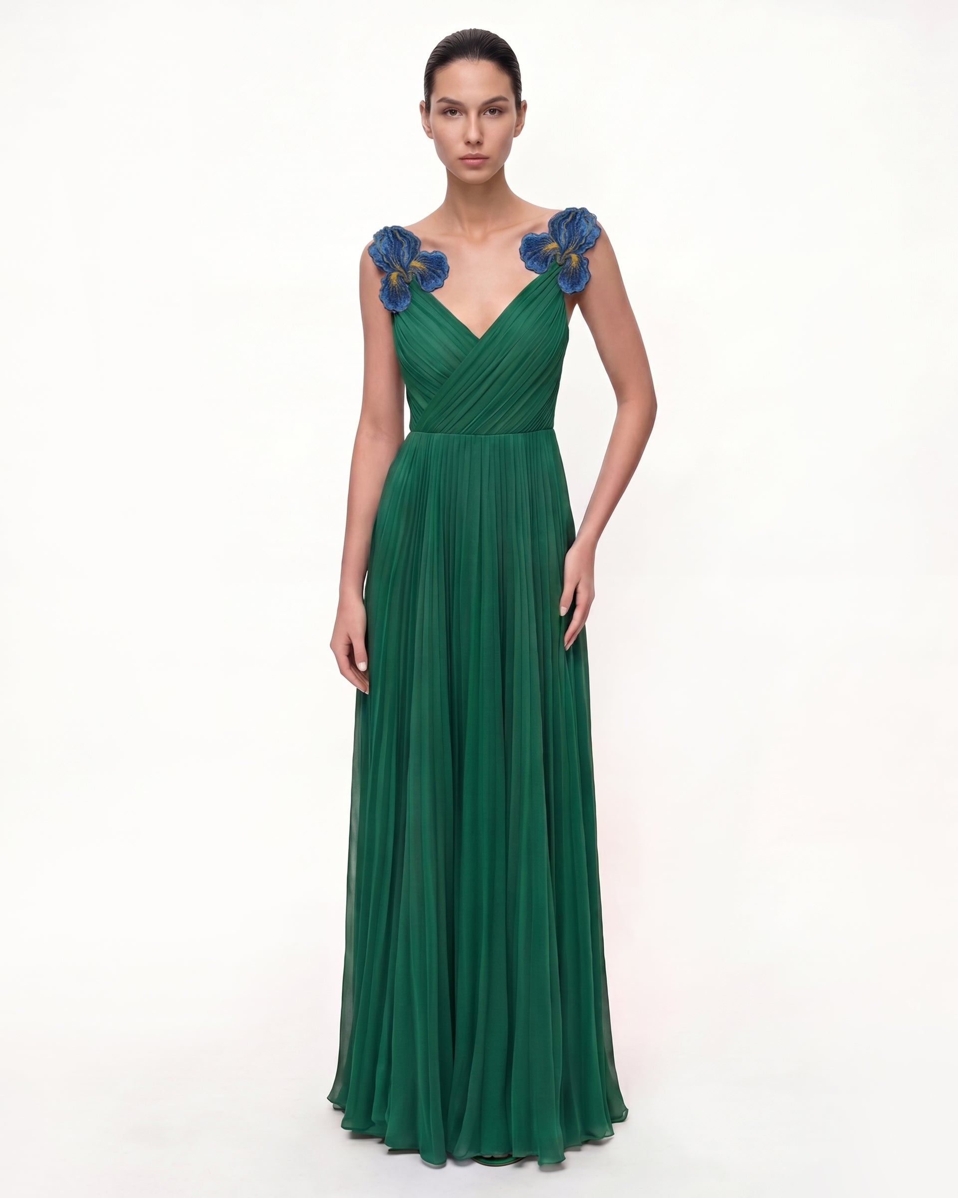 green pleated v neck dress ever LYN|Pleated High Slit Hollow Out Sequin Sleeve V-Neck Formal Evening Dress