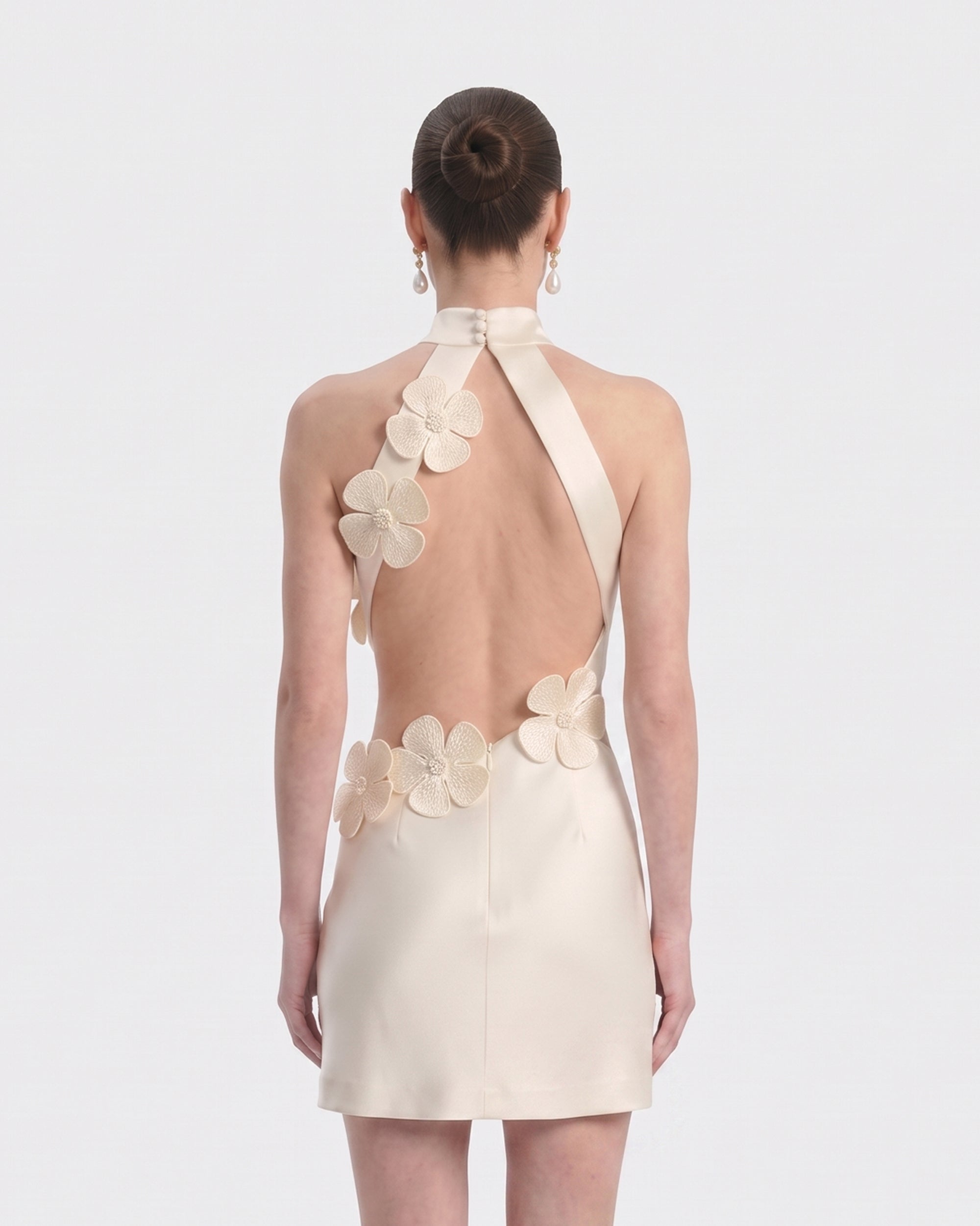 Floral Appliqu Halter Cutout Mini Dress - Ivory | JW PEI