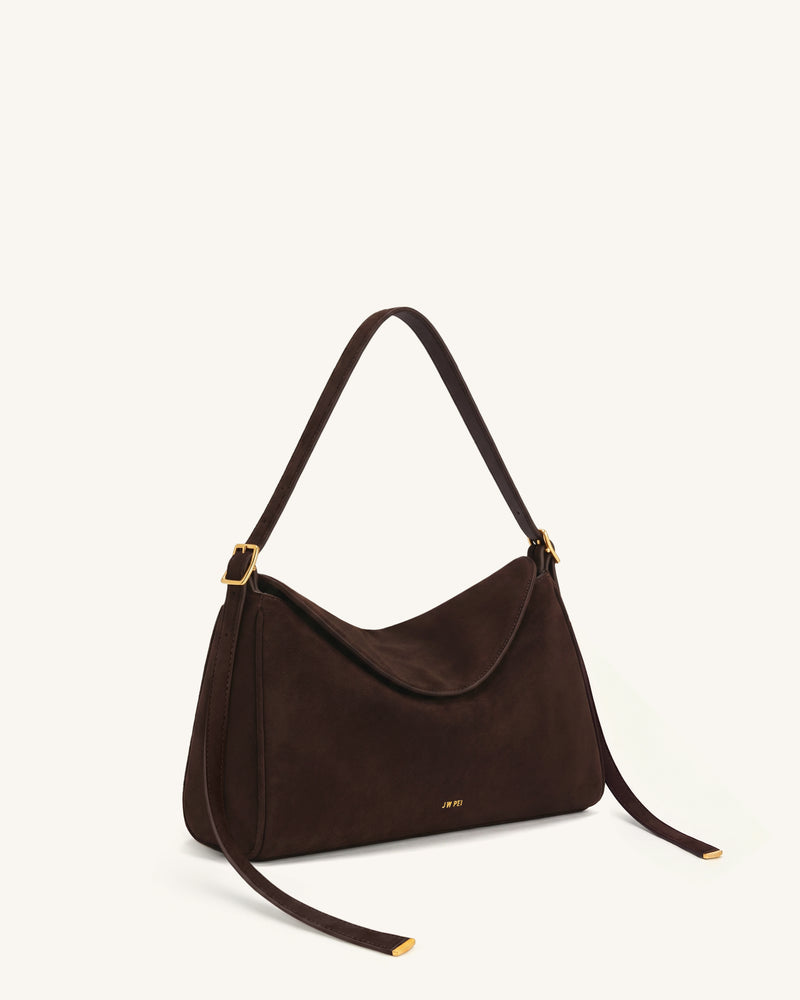 Elowen Faux Suede Flap Shoulder Bag - Dark Brown